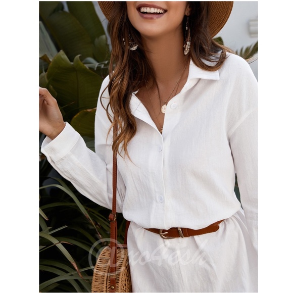 100% Cotton White Plain Playsuit Jumpsuit Romper Shirt Style Long Sleeve - Picture 5 of 7